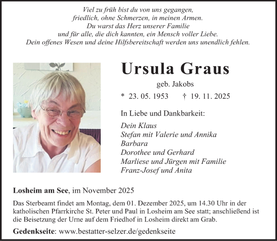 Traueranzeige von Ursula Graus von saarbruecker_zeitung
