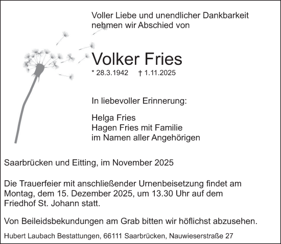 Traueranzeige von Volker Fries von saarbruecker_zeitung