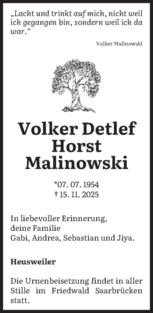  Traueranzeige für Volker Detlef Horst Malinowski vom 25.11.2025 aus saarbruecker_zeitung