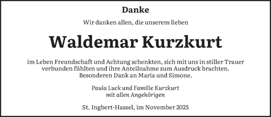 Traueranzeige von Waldemar Kurzkurt von saarbruecker_zeitung