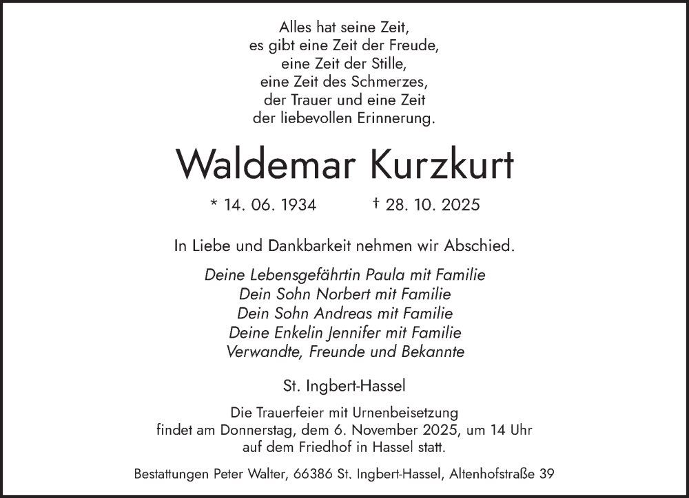  Traueranzeige für Waldemar Kurzkurt vom 31.10.2025 aus saarbruecker_zeitung