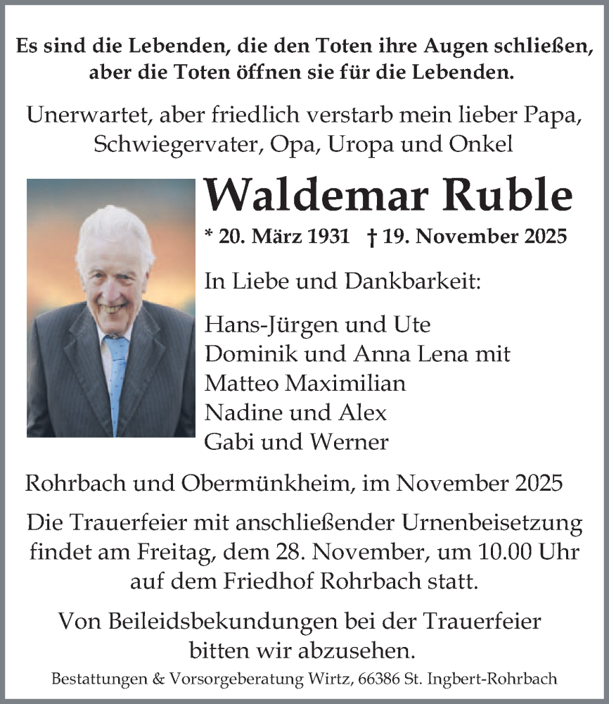  Traueranzeige für Waldemar Ruble vom 22.11.2025 aus saarbruecker_zeitung