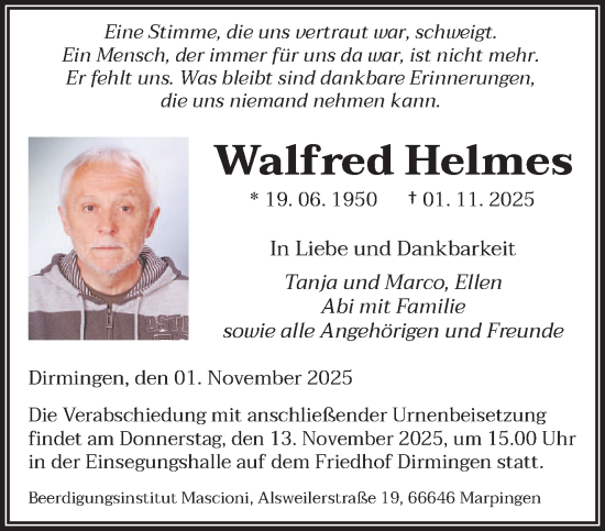 Traueranzeige von Walfred Helmes von saarbruecker_zeitung