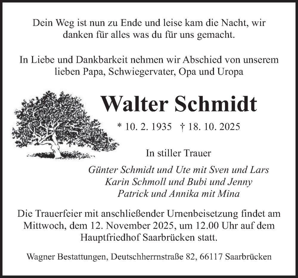  Traueranzeige für Walter Schmidt vom 08.11.2025 aus saarbruecker_zeitung