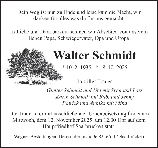 Traueranzeige von Walter Schmidt von saarbruecker_zeitung