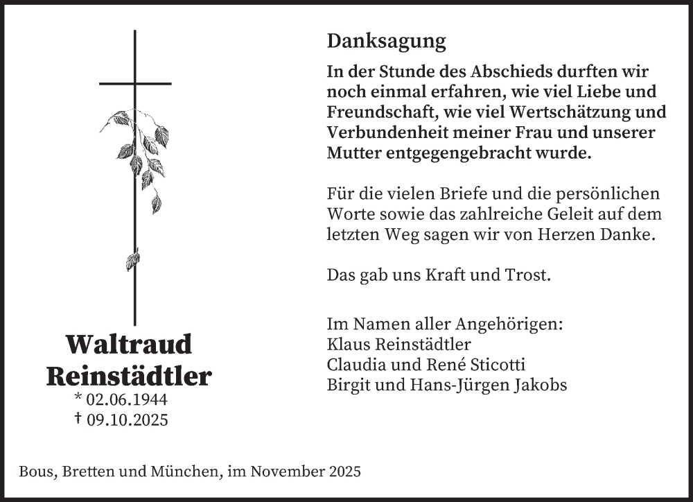  Traueranzeige für Waltraud Reinstädtler vom 08.11.2025 aus saarbruecker_zeitung
