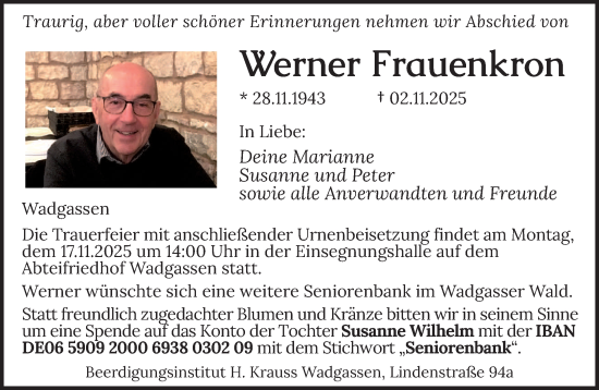 Traueranzeige von Werner Frauenkron von saarbruecker_zeitung