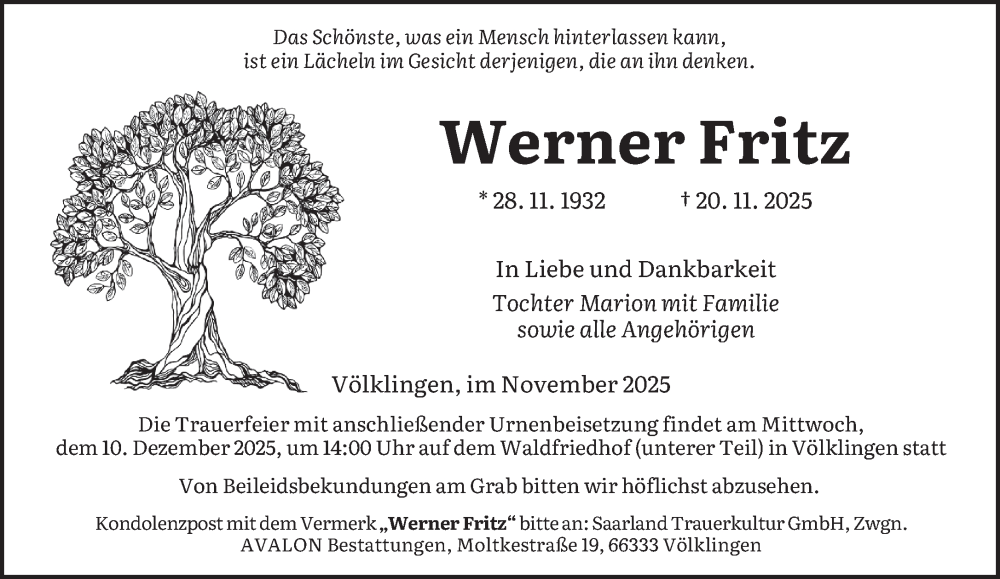  Traueranzeige für Werner Fritz vom 29.11.2025 aus saarbruecker_zeitung