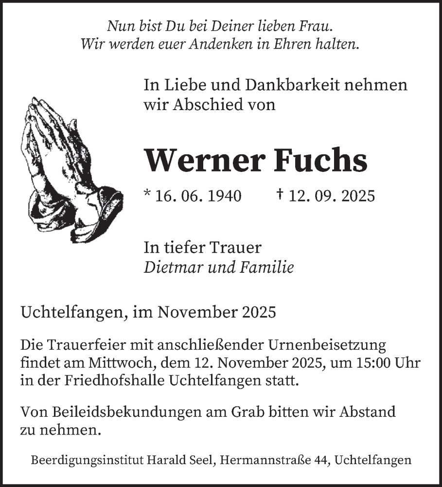  Traueranzeige für Werner Fuchs vom 08.11.2025 aus saarbruecker_zeitung