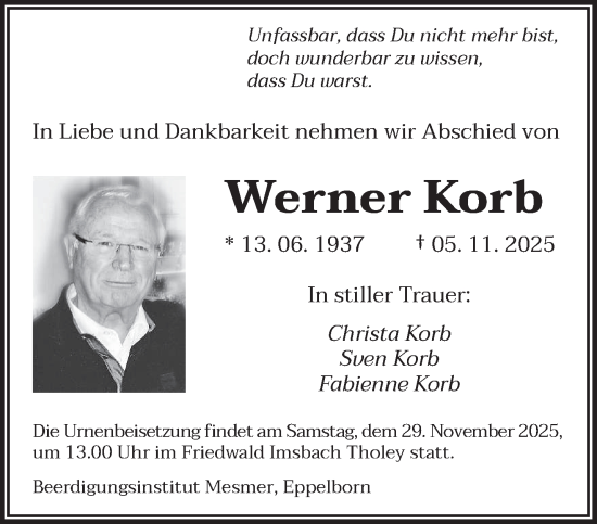 Traueranzeige von Werner Korb von saarbruecker_zeitung