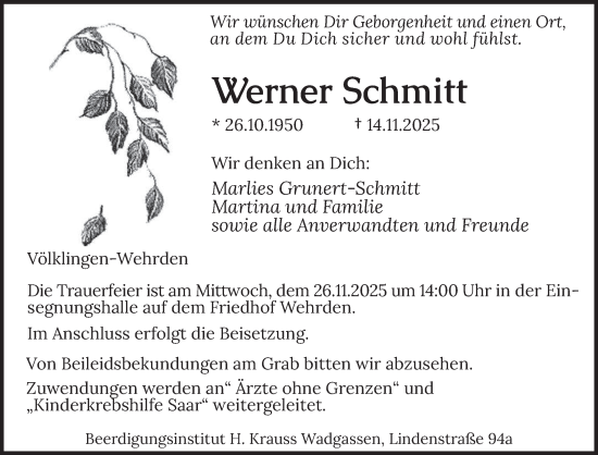 Traueranzeige von Werner Schmitt von saarbruecker_zeitung