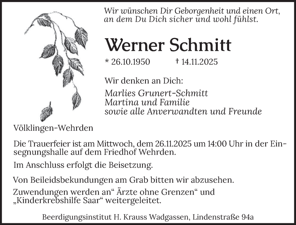  Traueranzeige für Werner Schmitt vom 22.11.2025 aus saarbruecker_zeitung