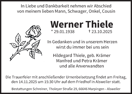 Traueranzeige von Werner Thiele von saarbruecker_zeitung