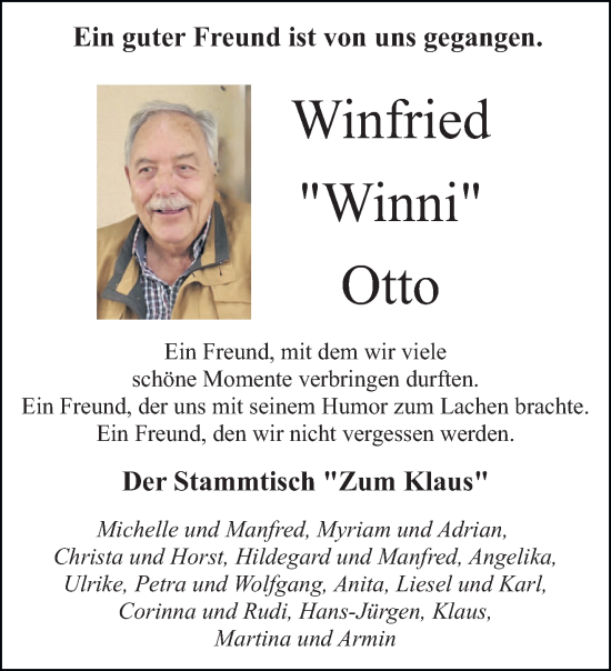 Traueranzeige von Winfried Otto von saarbruecker_zeitung