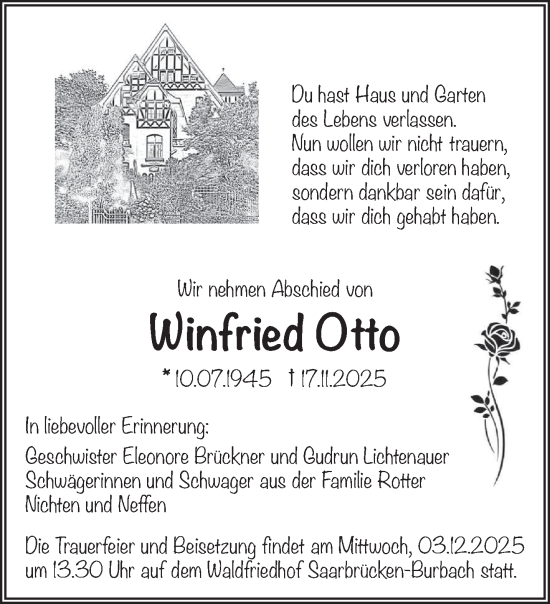 Traueranzeige von Winfried Otto von saarbruecker_zeitung