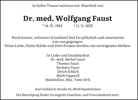 Traueranzeige von Wolfgang Faust von saarbruecker_zeitung