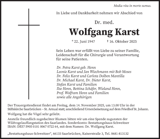 Traueranzeige von Wolfgang Karst von saarbruecker_zeitung
