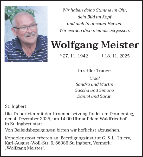 Traueranzeige von Wolfgang Meister von saarbruecker_zeitung