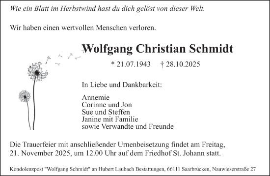 Traueranzeige von Wolfgang Christian Schmidt von saarbruecker_zeitung