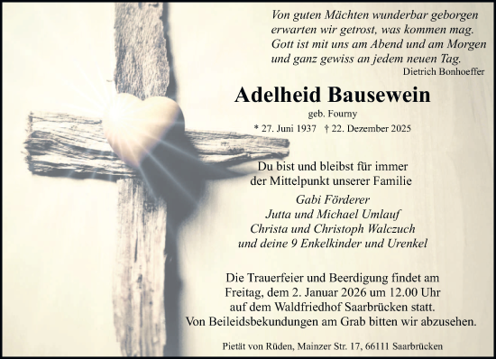 Traueranzeige von Adelheid Bausewein von saarbruecker_zeitung