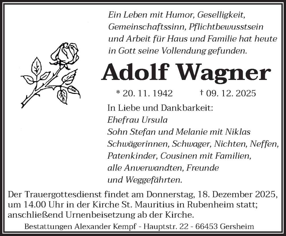  Traueranzeige für Adolf Wagner vom 13.12.2025 aus saarbruecker_zeitung