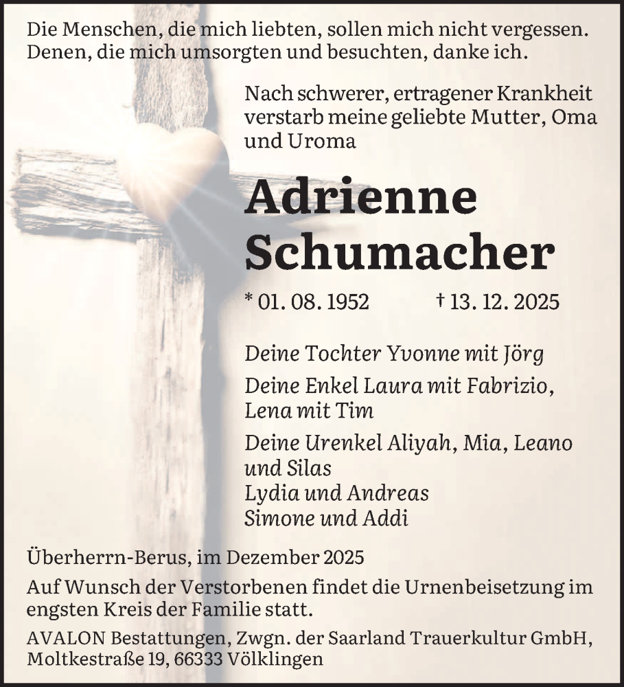  Traueranzeige für Adrienne Schumacher vom 20.12.2025 aus saarbruecker_zeitung