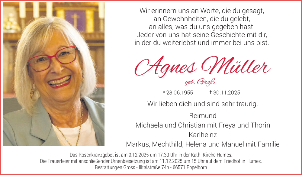  Traueranzeige für Agnes Müller vom 06.12.2025 aus saarbruecker_zeitung