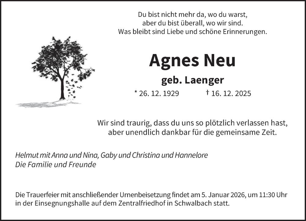  Traueranzeige für Agnes Neu vom 27.12.2025 aus saarbruecker_zeitung