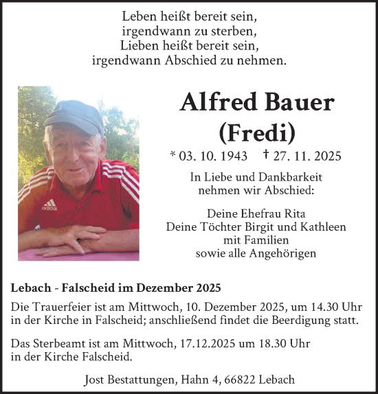 Traueranzeige von Alfred Bauer von saarbruecker_zeitung