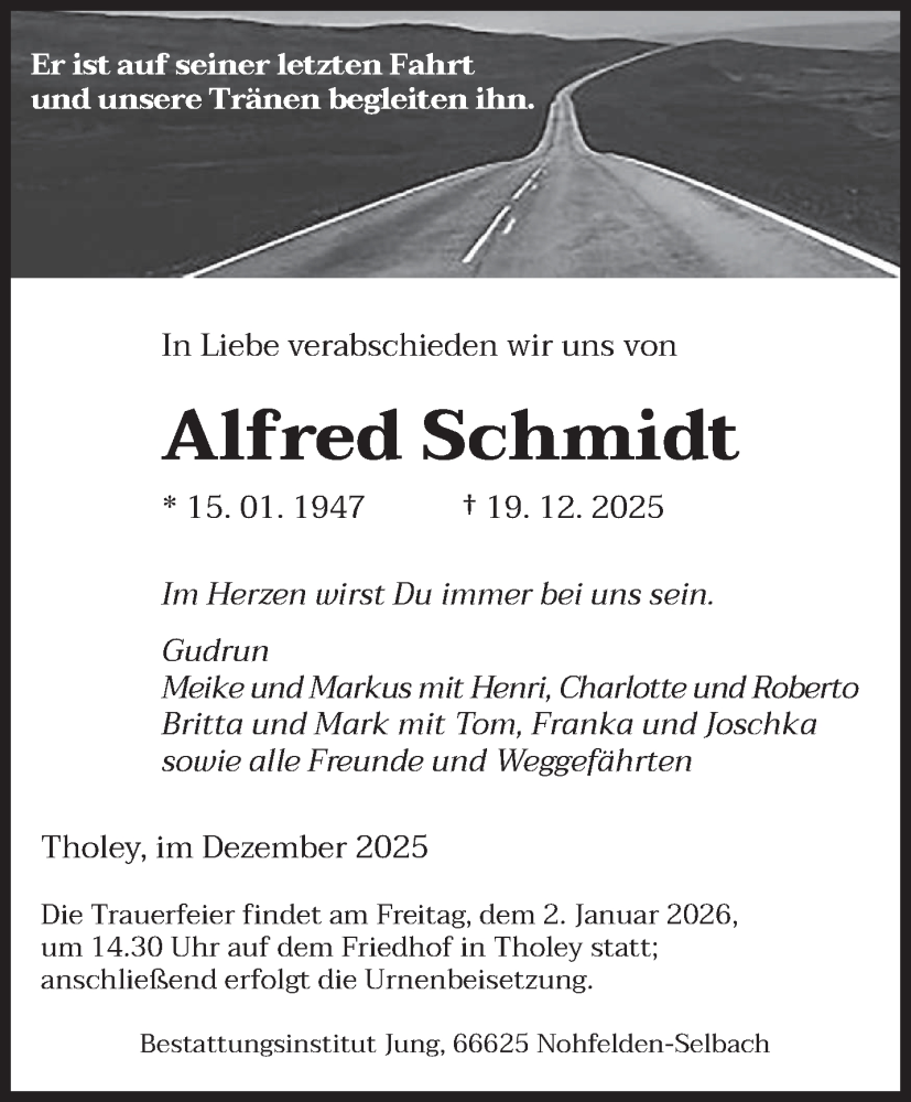  Traueranzeige für Alfred Schmidt vom 27.12.2025 aus saarbruecker_zeitung