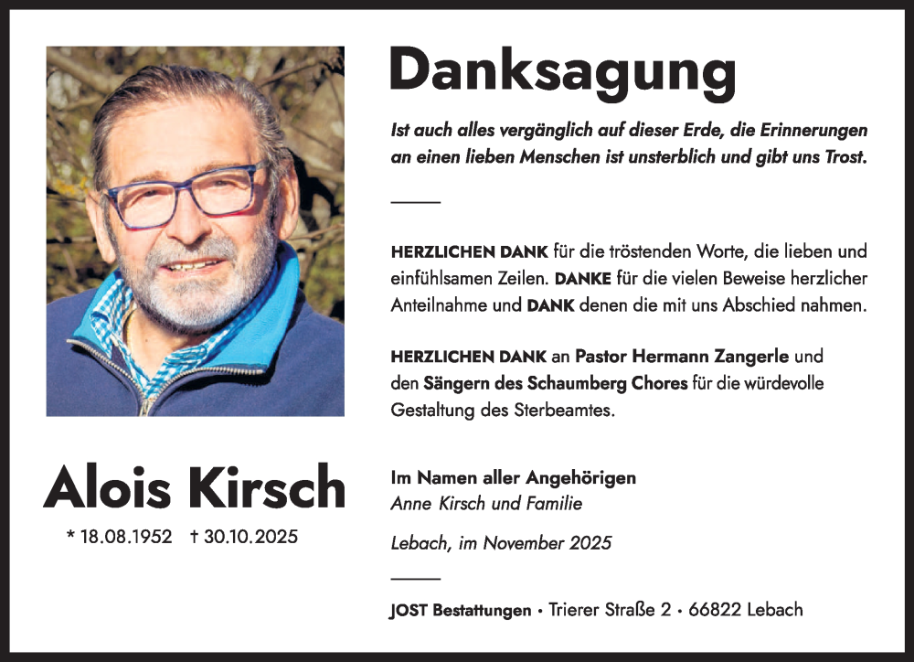  Traueranzeige für Alois Kirsch vom 13.12.2025 aus saarbruecker_zeitung