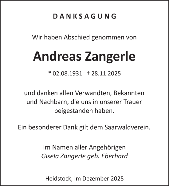 Traueranzeige von Andreas Zangerle von saarbruecker_zeitung
