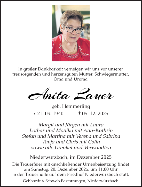 Traueranzeige von Anita Lauer von saarbruecker_zeitung