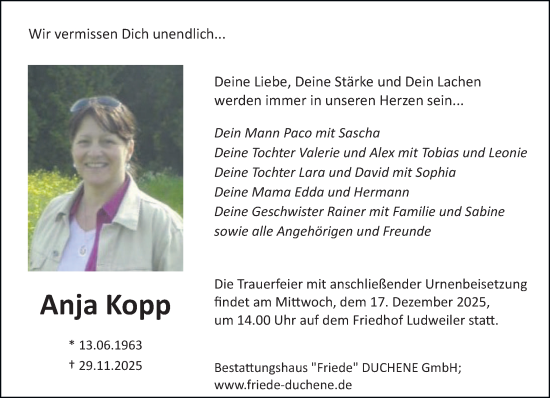 Traueranzeige von Anja Kopp von saarbruecker_zeitung