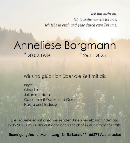 Traueranzeige von Anneliese Borgmann von saarbruecker_zeitung