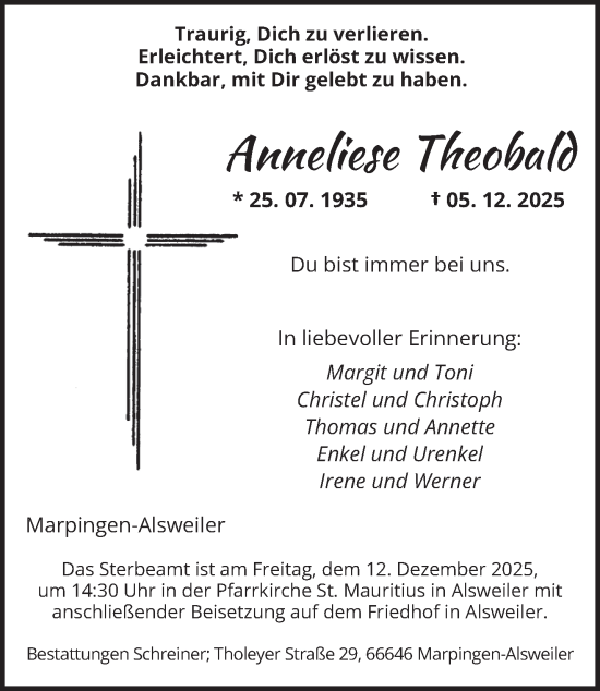 Traueranzeige von Anneliese Theobald von saarbruecker_zeitung