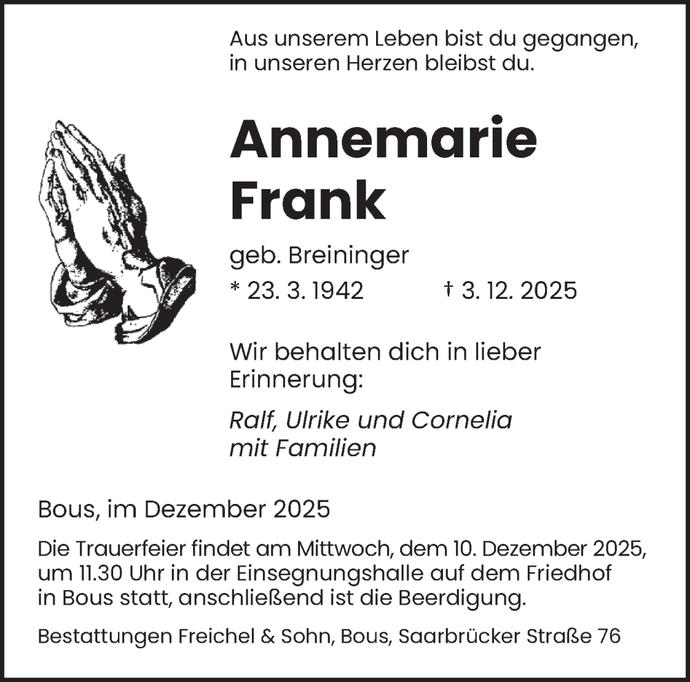  Traueranzeige für Annemarie Frank vom 06.12.2025 aus saarbruecker_zeitung