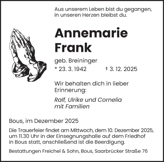 Traueranzeige von Annemarie Frank von saarbruecker_zeitung