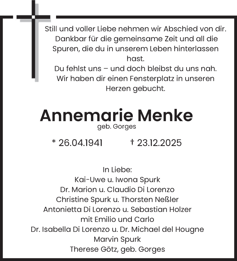  Traueranzeige für Annemarie Menke vom 27.12.2025 aus saarbruecker_zeitung
