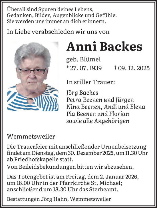 Traueranzeige von Anni Backes von saarbruecker_zeitung