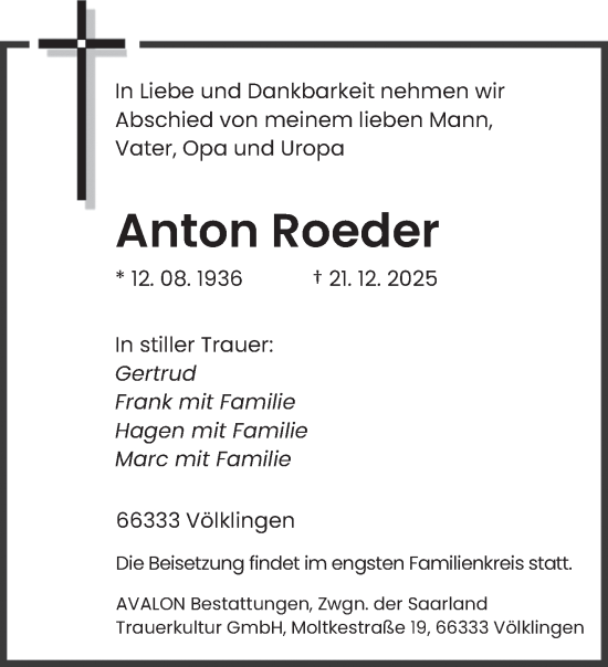 Traueranzeige von Anton Roeder von saarbruecker_zeitung