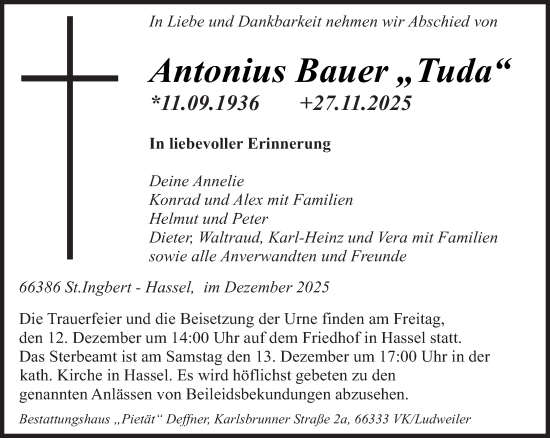 Traueranzeige von Antonius Bauer von saarbruecker_zeitung