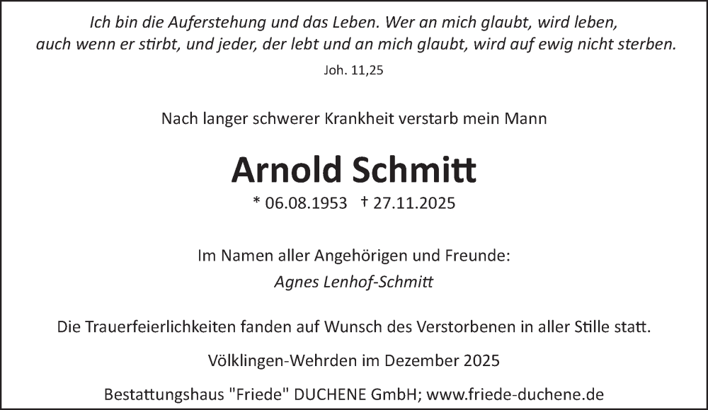  Traueranzeige für Arnold Schmitt vom 20.12.2025 aus saarbruecker_zeitung