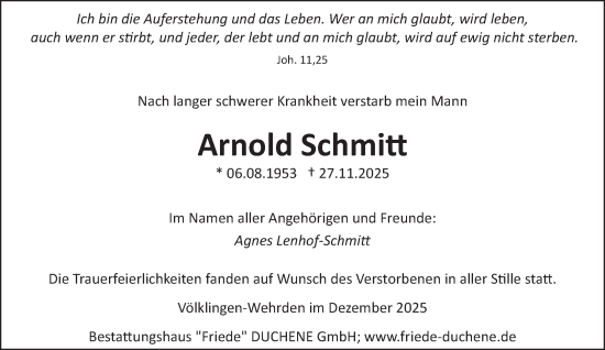 Traueranzeige von Arnold Schmitt von saarbruecker_zeitung