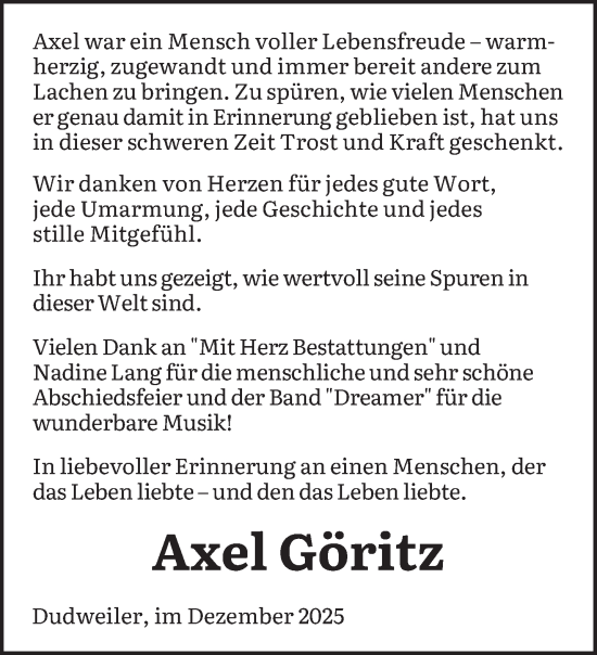 Traueranzeige von Axel Göritz von saarbruecker_zeitung