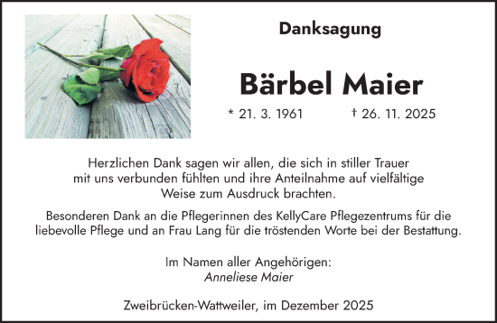 Traueranzeige von Bärbel Maier von saarbruecker_zeitung