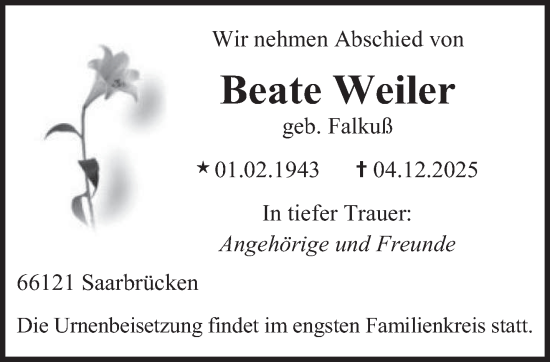 Traueranzeige von Beate Weiler von saarbruecker_zeitung