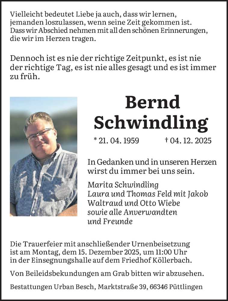  Traueranzeige für Bernd Schwindling vom 10.12.2025 aus saarbruecker_zeitung