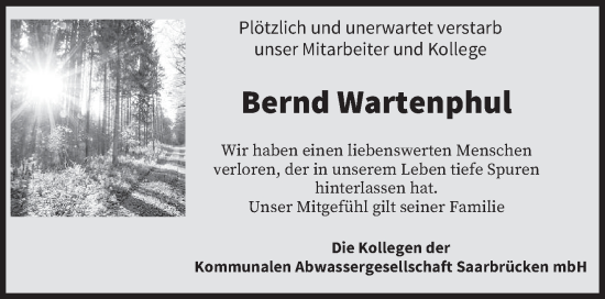 Traueranzeige von Bernd Wartenphul von saarbruecker_zeitung