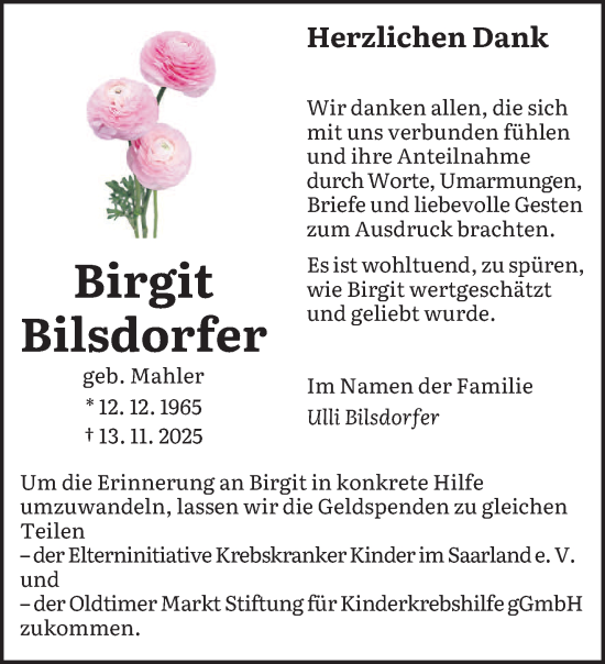 Traueranzeige von Birgit Bilsdorfer von saarbruecker_zeitung